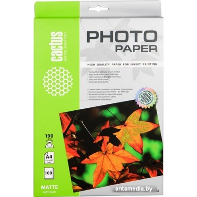 Фотобумага CACTUS Матовая A4 190 г/кв.м. 100 листов(CS-MA4190100)