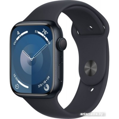 Умные часы Apple Watch Series 9 45 мм (алюминиевый корпус, полуночный/полуночный, спортивный силиконовый ремешок M/L)