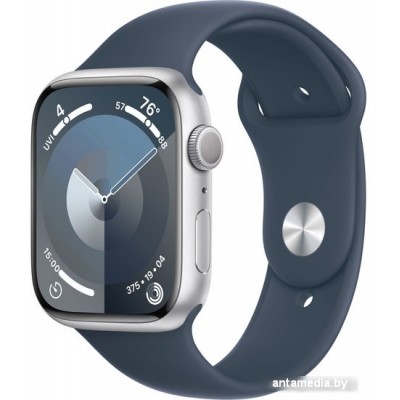 Умные часы Apple Watch Series 9 45 мм (алюминиевый корпус, серебристый/грозовой синий, спортивный силиконовый ремешок M/L)