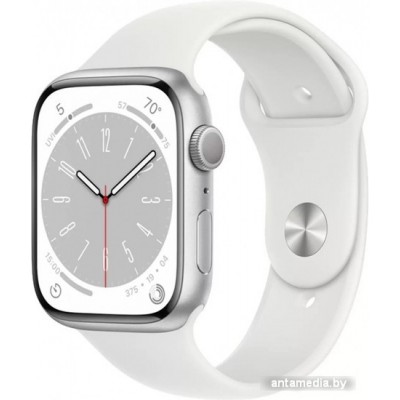 Apple Watch Series 8 45 мм (алюминиевый корпус, серебристый/белый, спортивные силиконовые ремешки S/M + M/L)
