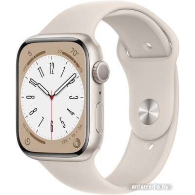 Умные часы Apple Watch Series 8 45 мм (алюминиевый корпус, звездный свет/звездный свет, спортивный силиконовый ремешок M/L)