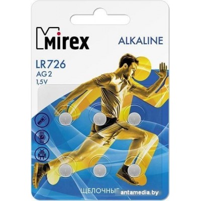 Элементы питания Mirex LR726 (AG2) Mirex блистер 6 шт. 23702-LR726-E6