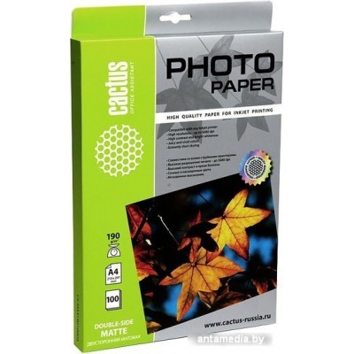 Фотобумага CACTUS Двусторонняя матовая A4 190 г/кв.м. 100 листов (CS-MA4190100DS)