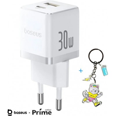 Сетевое зарядное Baseus Palm Fast Charger C+U 30W EU P1011160A213-01 (белый) + брендированный брелок Baseus
