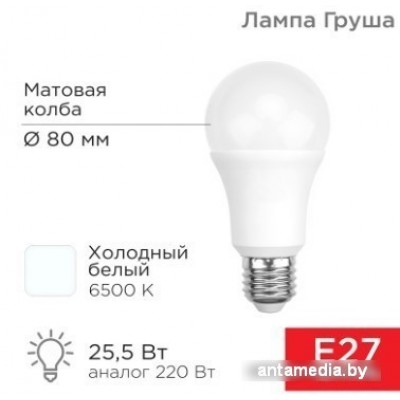 Светодиодная лампочка Rexant Груша A80 25.5 Вт E27 2423Лм 6500K холодный свет 604-202