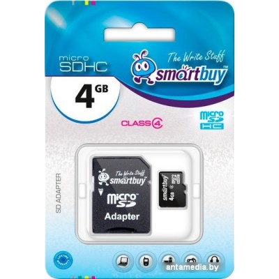 Карта памяти Smart Buy microSDHC (Class 4) 4 Гб + SD адаптер (SB4GBSDCL4-01)